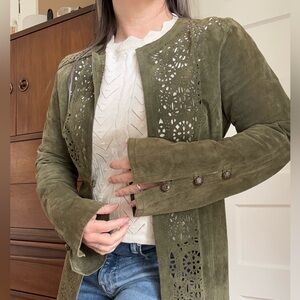 Vintage Green Suede Coat with Lazer Cut Details